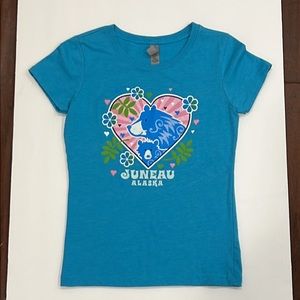 Girls Blue Alaska T-Shirt Graphic Tee Juneau Mama and Baby Bear Medium 7-8